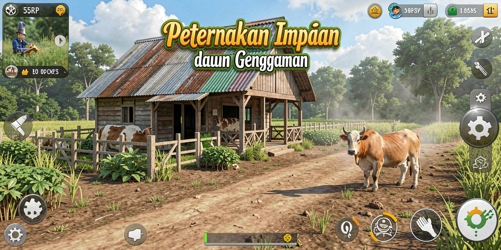 Screenshot 55RP menampilkan aktivitas bertani yang menyenangkan.