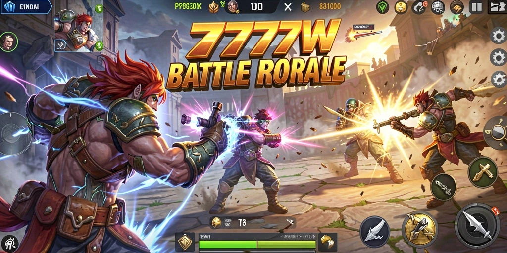 Screenshot utama 7777W menampilkan aksi pertempuran seru di arena Battle Royale.