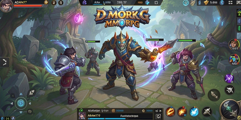 Screenshot utama ADAM77 menampilkan aksi seru dalam pertempuran MMORPG.