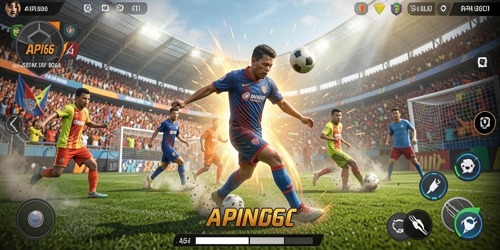 Screenshot gameplay API66 yang menunjukkan aksi di lapangan sepak bola.