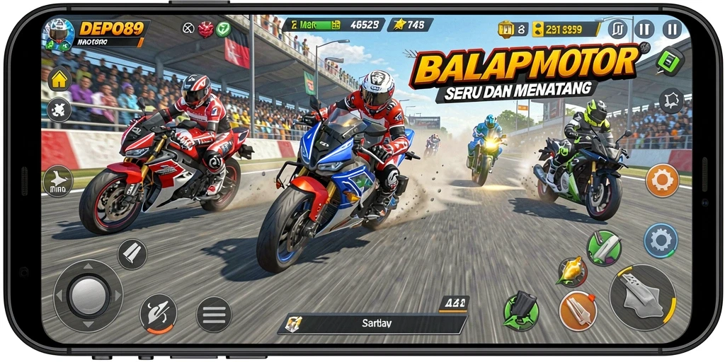 Screenshot gameplay DEPO89 menampilkan balapan motor yang cepat dan mendebarkan.
