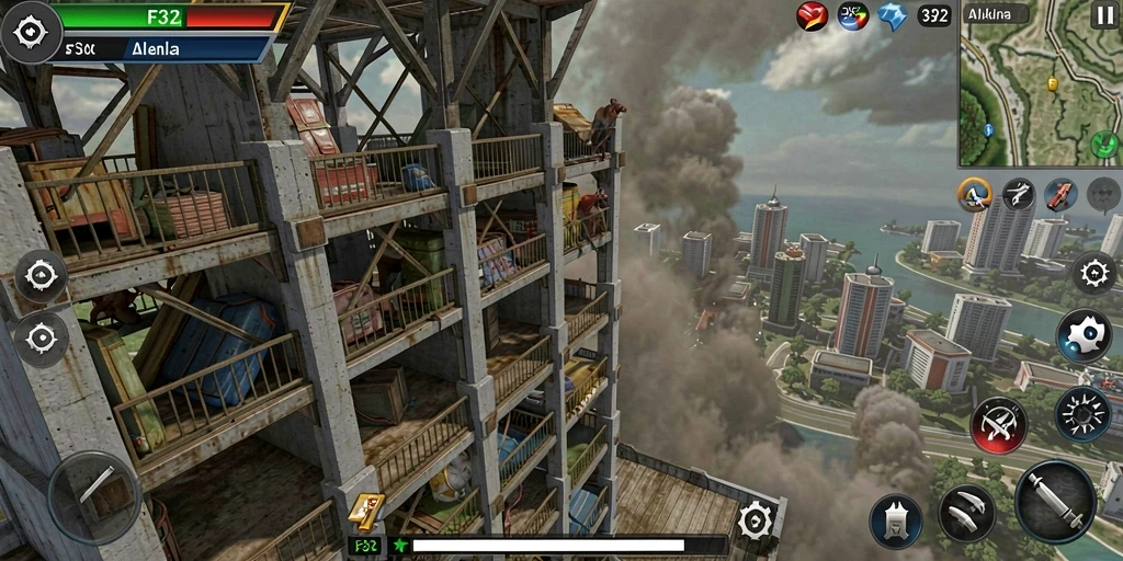 Tampilan gameplay F32 dengan pertahanan menara yang strategis.