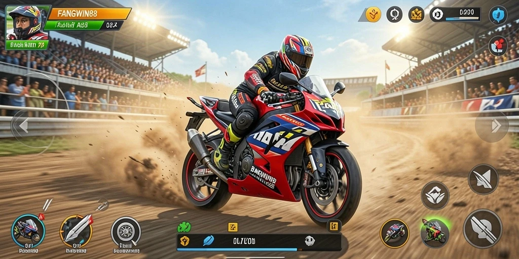 Screenshot gameplay FANGWIN88 menampilkan aksi balapan motor yang mendebarkan.