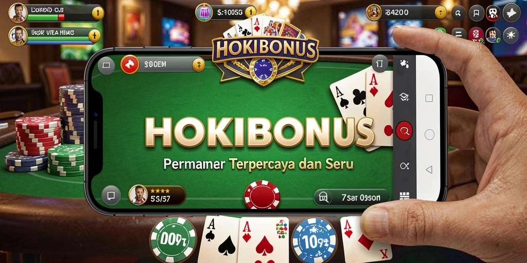 Screenshot menunjukkan gameplay menarik HOKIBONUS dengan pemain sedang berkompetisi di meja poker.