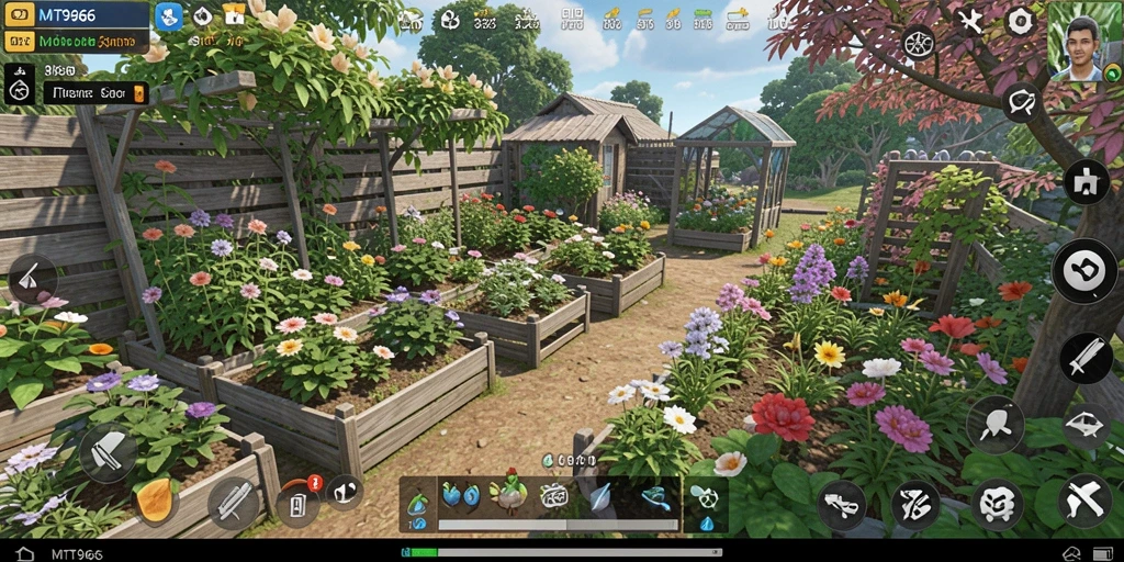 Screenshot gameplay MT966 menampilkan kebun yang subur dan tanaman yang berwarna-warni.
