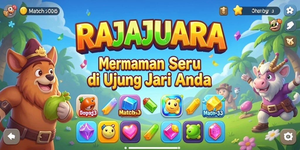 Tampilan seru gameplay <strong>RAJAJUARA</strong> dengan permata berwarna-warni yang harus dicocokkan.