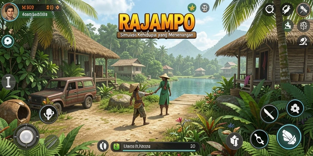 Tangkapan layar dari gameplay RAJAMPO menampilkan interaksi karakter yang menarik.