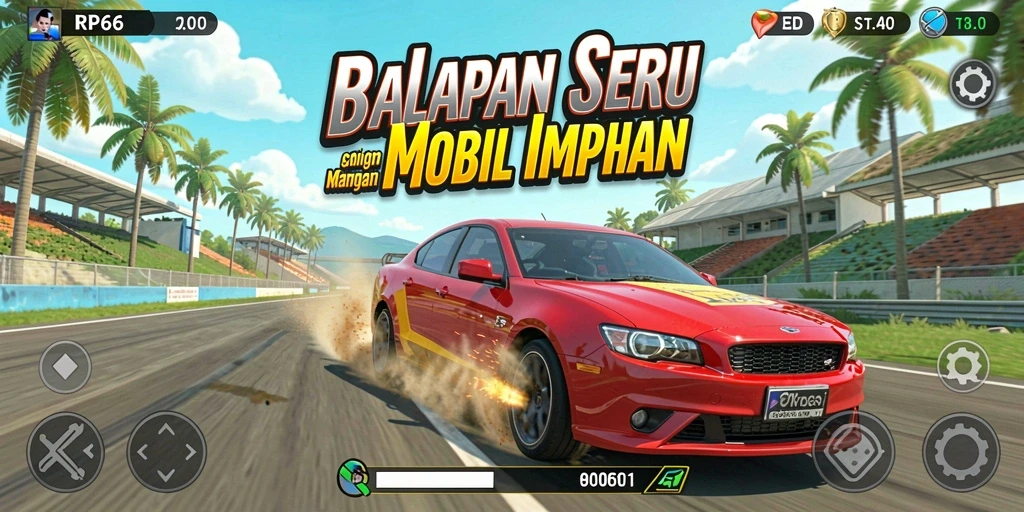 Screenshot utama RP66 menampilkan aksi balapan yang intens dan mobil yang mengesankan.