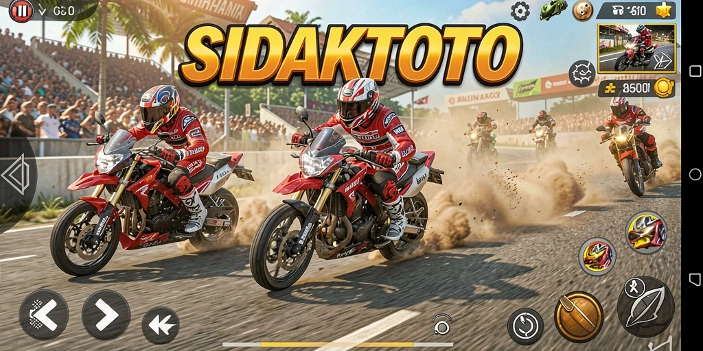 Screenshot gameplay SIDAKTOTO menampilkan balapan motor yang mendebarkan.
