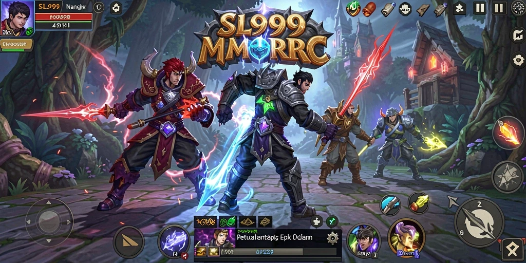 Screenshot gameplay seru dari SL999, memperlihatkan petualangan MMORPG penuh aksi.