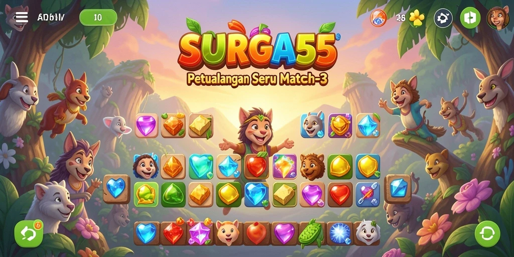 Tampilan gameplay SURGA55 yang menarik dan penuh warna dalam Match-3.