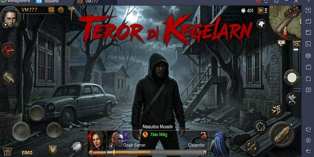 Screenshot gameplay VM777 menunjukkan suasana mencekam dalam kegelapan.